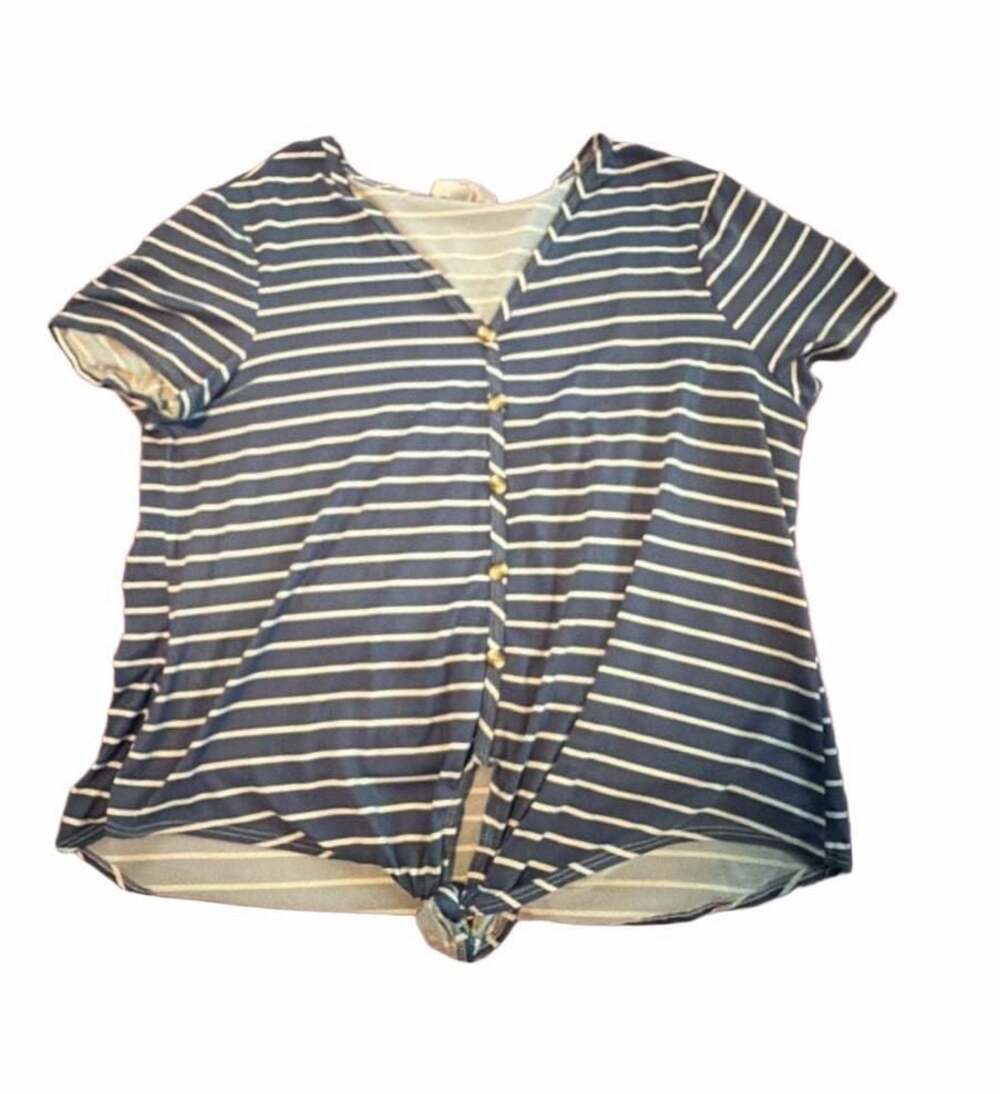 C'est La Vie Striped Short Sleeve Button Front Tie Front Top